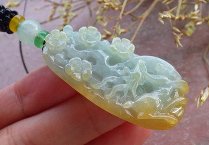 Certified Yellow Green Burma 100% Natural A Jade jadeite Pendant Deer Flower Necklace 梅花鹿 651616 TN