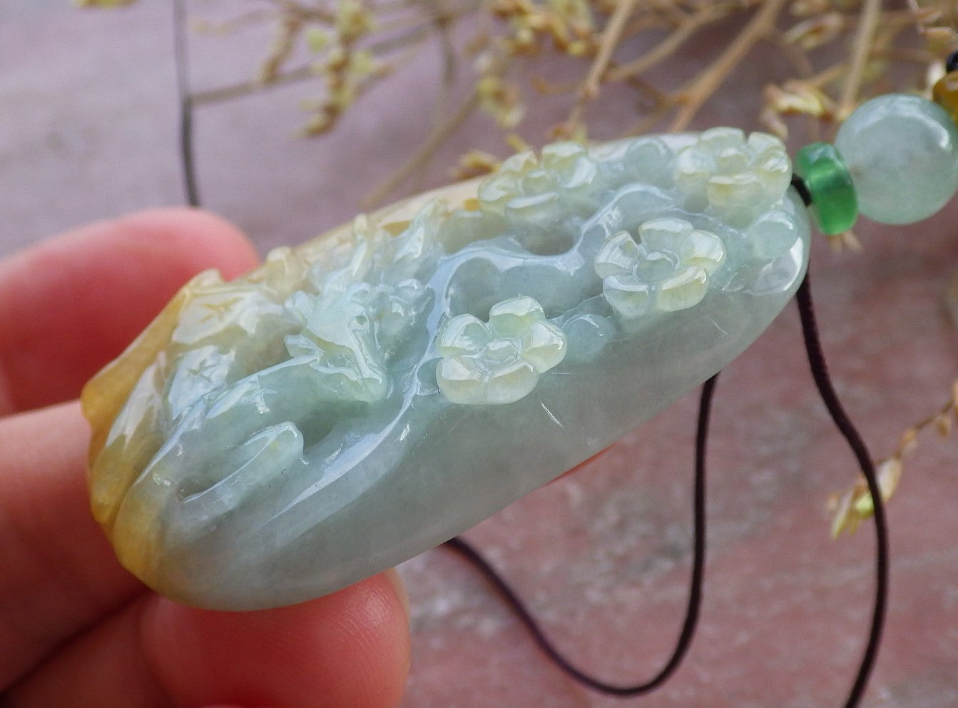 Certified Yellow Green Burma 100% Natural A Jade jadeite Pendant Deer Flower Necklace 梅花鹿 651616 TN