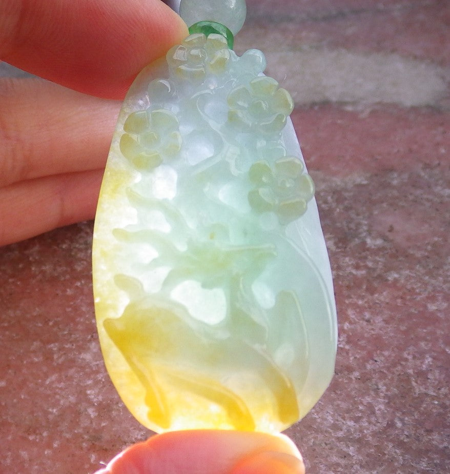 Certified Yellow Green Burma 100% Natural A Jade jadeite Pendant Deer Flower Necklace 梅花鹿 651616 TN