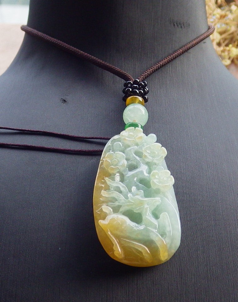 Certified Yellow Green Burma 100% Natural A Jade jadeite Pendant Deer Flower Necklace 梅花鹿 651616 TN