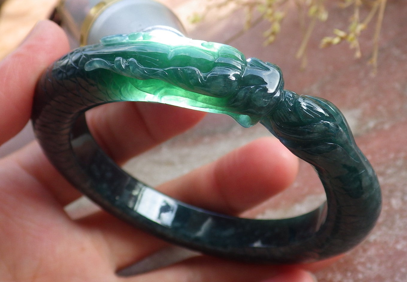 Certified Icy Green Burma 100% Natural A JADE Jadeite Dragon Bangle Bracelet 56 mm 手镯 651644 TN