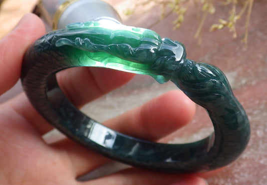 Certified Icy Green Burma 100% Natural A JADE Jadeite Dragon Bangle Bracelet 56 mm 手镯 651644 TN