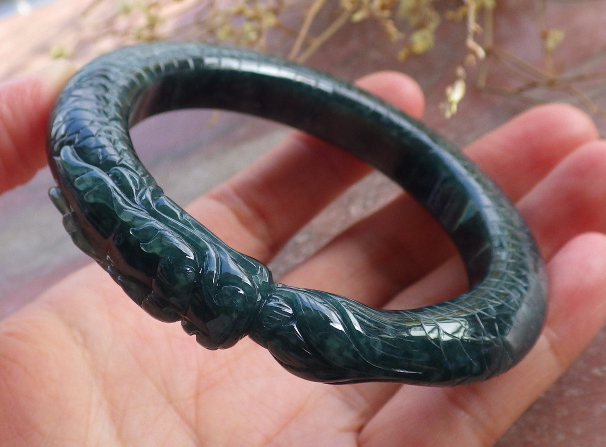 Certified Icy Green Burma 100% Natural A JADE Jadeite Dragon Bangle Bracelet 56 mm 手镯 651644 TN