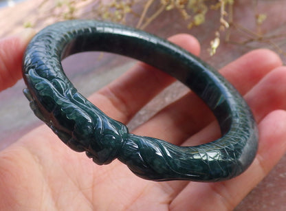 Certified Icy Green Burma 100% Natural A JADE Jadeite Dragon Bangle Bracelet 56 mm 手镯 651644 TN