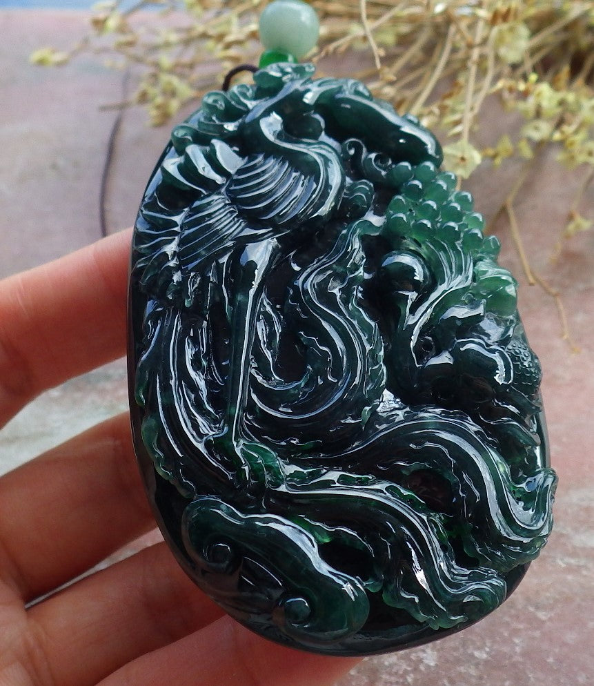 Certified Icy Green Burma 100% Natural A Jade jadeite Pendant Phoenix Flower Ruyi Necklace 凤凰 651671 TN