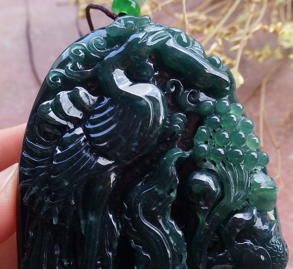 Certified Icy Green Burma 100% Natural A Jade jadeite Pendant Phoenix Flower Ruyi Necklace 凤凰 651671 TN