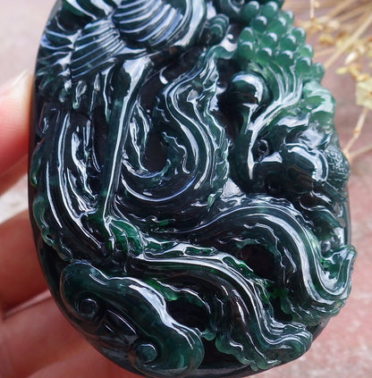 Certified Icy Green Burma 100% Natural A Jade jadeite Pendant Phoenix Flower Ruyi Necklace 凤凰 651671 TN