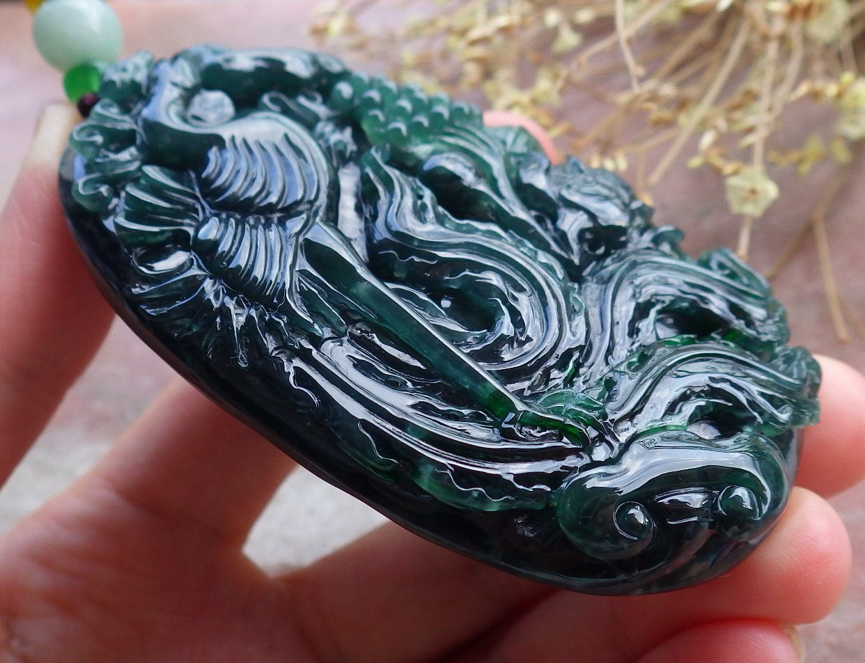 Certified Icy Green Burma 100% Natural A Jade jadeite Pendant Phoenix Flower Ruyi Necklace 凤凰 651671 TN