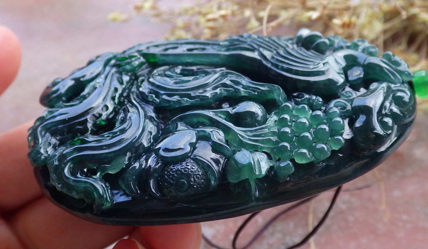 Certified Icy Green Burma 100% Natural A Jade jadeite Pendant Phoenix Flower Ruyi Necklace 凤凰 651671 TN