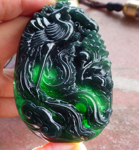 Certified Icy Green Burma 100% Natural A Jade jadeite Pendant Phoenix Flower Ruyi Necklace 凤凰 651671 TN