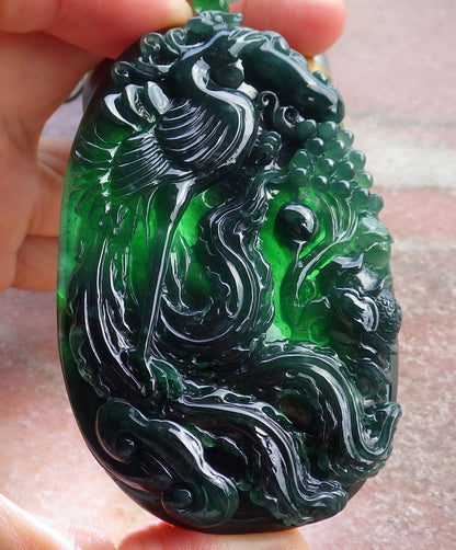Certified Icy Green Burma 100% Natural A Jade jadeite Pendant Phoenix Flower Ruyi Necklace 凤凰 651671 TN