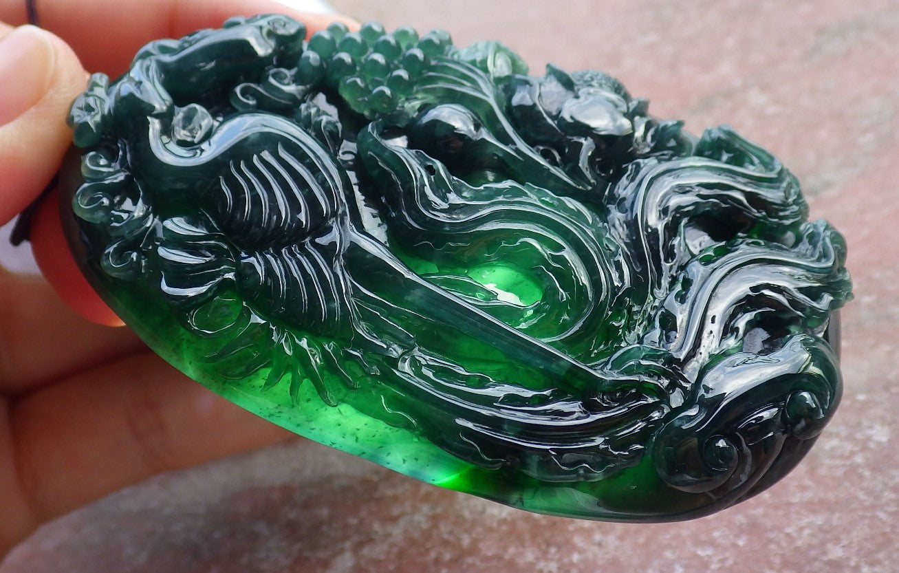 Certified Icy Green Burma 100% Natural A Jade jadeite Pendant Phoenix Flower Ruyi Necklace 凤凰 651671 TN