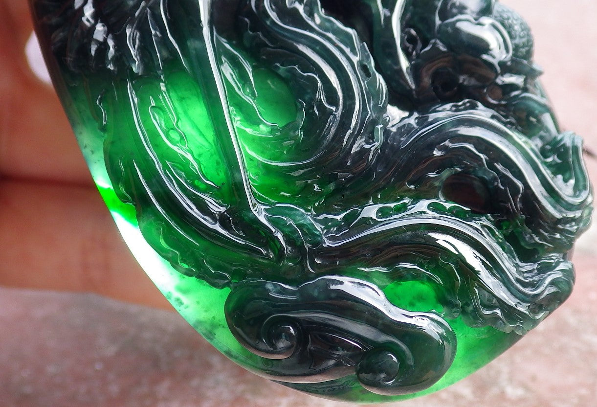 Certified Icy Green Burma 100% Natural A Jade jadeite Pendant Phoenix Flower Ruyi Necklace 凤凰 651671 TN
