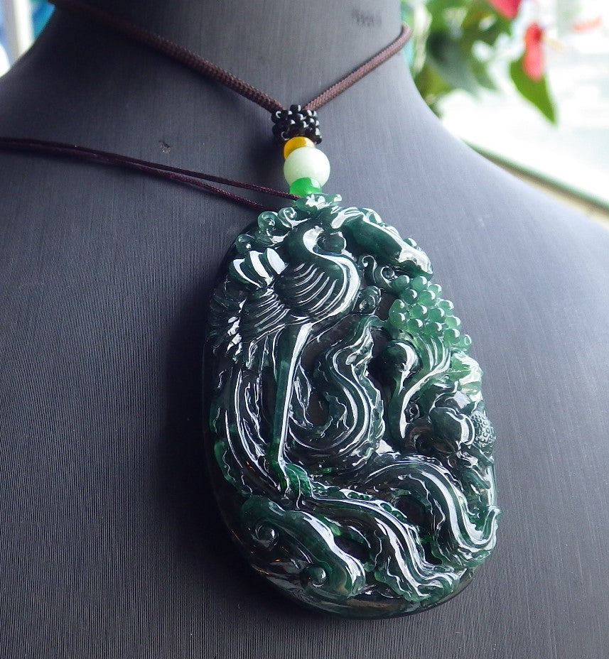 Certified Icy Green Burma 100% Natural A Jade jadeite Pendant Phoenix Flower Ruyi Necklace 凤凰 651671 TN