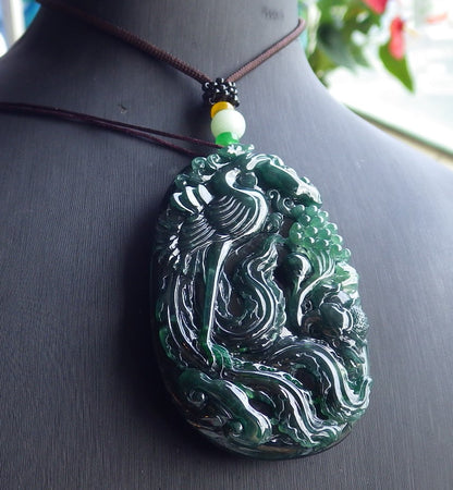 Certified Icy Green Burma 100% Natural A Jade jadeite Pendant Phoenix Flower Ruyi Necklace 凤凰 651671 TN