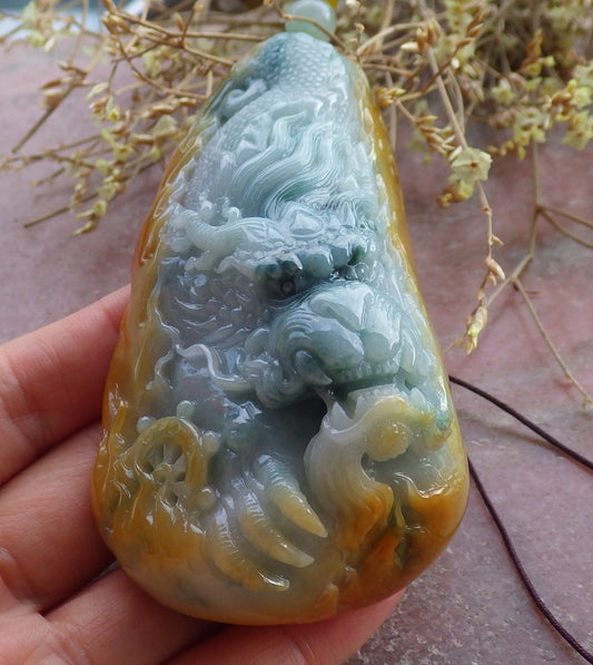 Certified Yellow Green Burma 100% Natural A Jade jadeite Pendant Dragon Necklace 生意兴隆 651696 TN