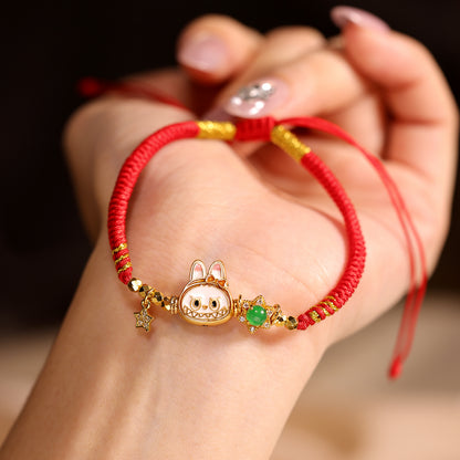 S925 Silver labubu with Natural jade hand woven rope（Adjustable length）