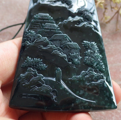 Atestita Glacia Blua Akvo Birmo 100% Natura A Jadejadeito Pendilo Pejzaĝa Pentrado Arba Koliero 山水画 634386 TN