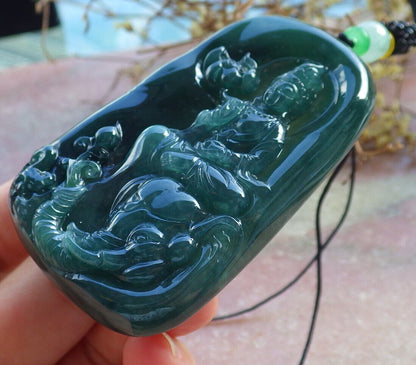 Certified Icy Blue Water Green Burma 100% Natural A Jade jadeite Pendant Guanyin Kwan Yin Elephant Lotus Flower Necklace 观音 632811  TN