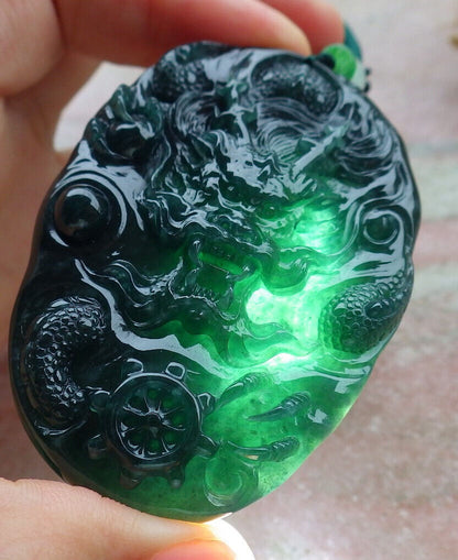Certified Icy Blue Water Green Burma 100% Natural A Jade jadeite Pendant Dragon Bead Necklace 生意兴隆 636309  TN