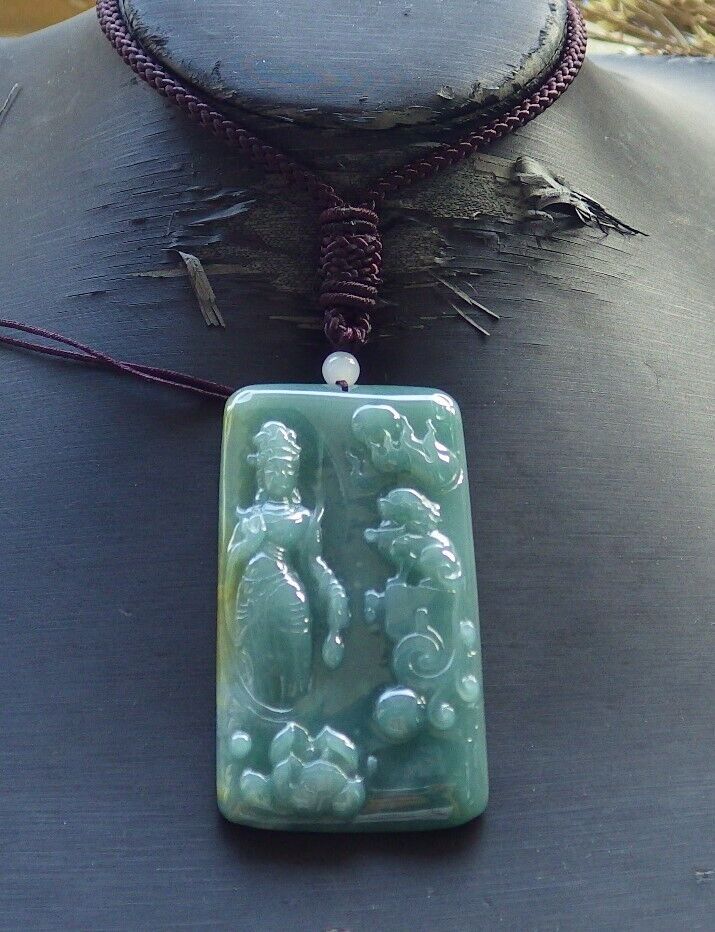 Certified Icy Green Yellow Burma 100% Natural A Jade jadeite Pendant  Guanyin Kwan Yin Lion Lotus Flower Necklace 观音 574824 TN