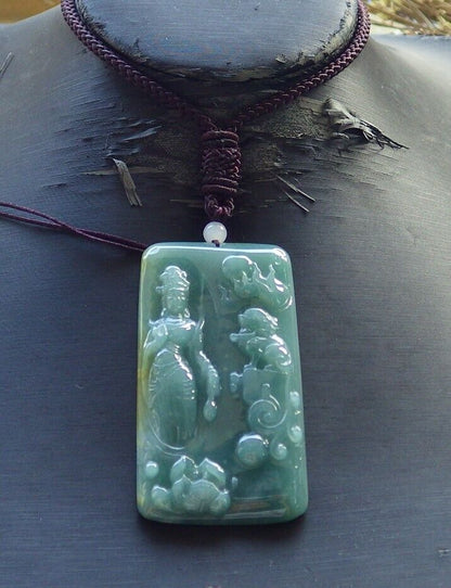 Certified Icy Green Yellow Burma 100% Natural A Jade jadeite Pendant  Guanyin Kwan Yin Lion Lotus Flower Necklace 观音 574824 TN