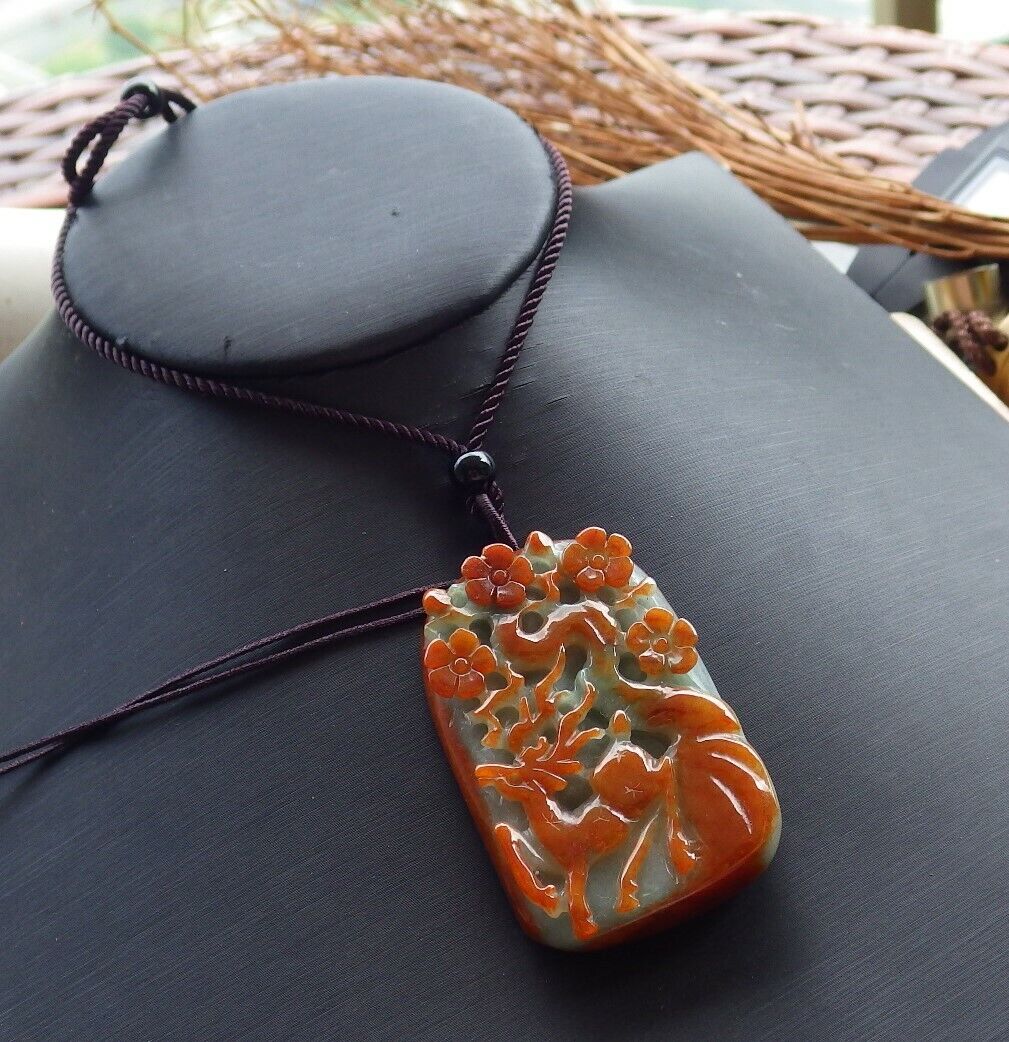 Certified Red Green 100% Natural A Jade jadeite Pendant Deer Flower Necklace 梅花鹿 529530  TN