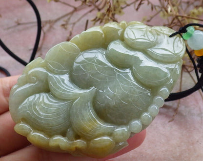 Certified Yellow Green Burma 100% Natural A Jade jadeite pendant Gold Fish Bat Lotus Leaf Coin Necklace 金玉满堂 632625  TN