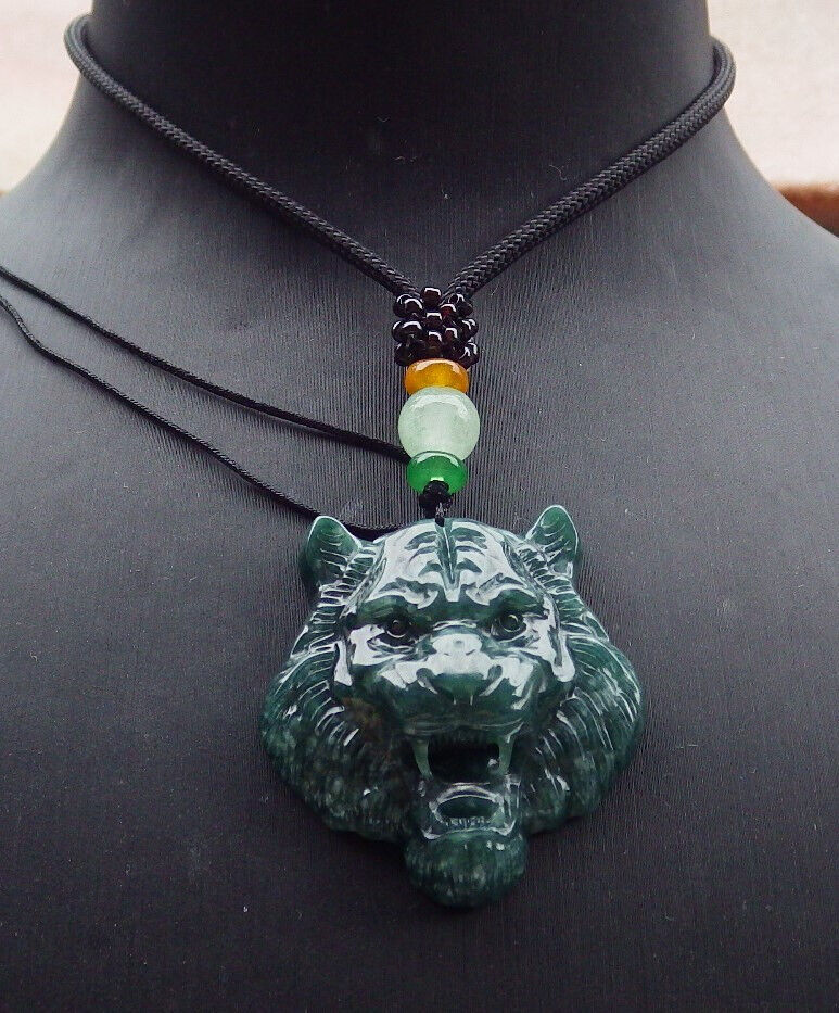 Certified Icy Blue Water Burma 100% Natural A Jade jadeite Pendant Tiger Head Necklace 虎虎生威 635303  TN