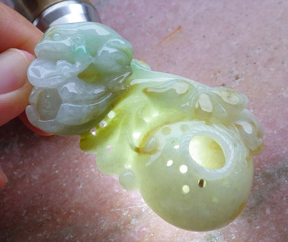 Certified Green Yellow 100% Natural A Jade jadeite Pendant Frog Toad Lotus Flower Coin Necklace 金蟾 528651  TN