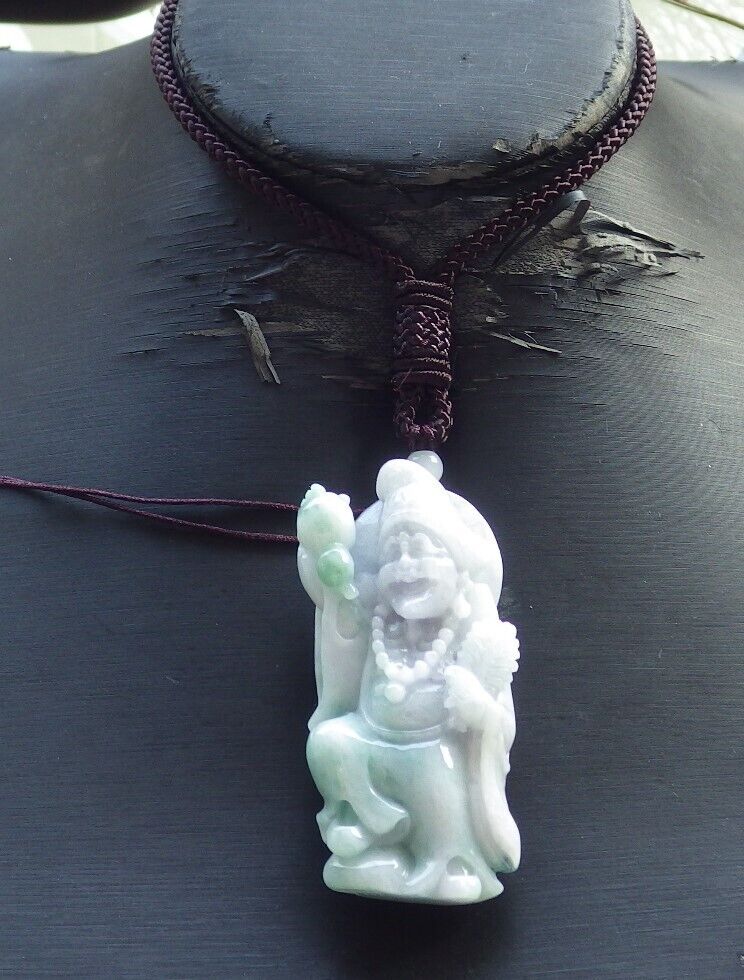 Certified Green Pale Lavender Burma 100% Natural A Jade jadeite pendant Happy Ji Kung Buddha God Fan Gourd Necklace 济公 575331 TN