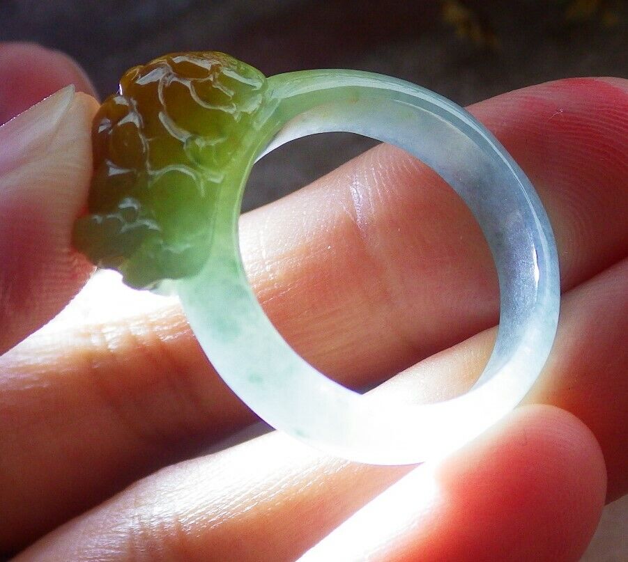 Certified Icy Yellow Green 100% Natural A JADE Jadeite Dragon Pi Xiu RING USA. 9.25 戒指 523823  TN