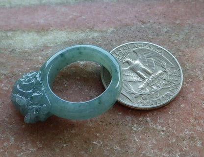 Certified Icy Green 100% Natural A JADE Jadeite Dragon Pi Xiu RING USA. 6.5 风水貔貅戒指 530062  TN