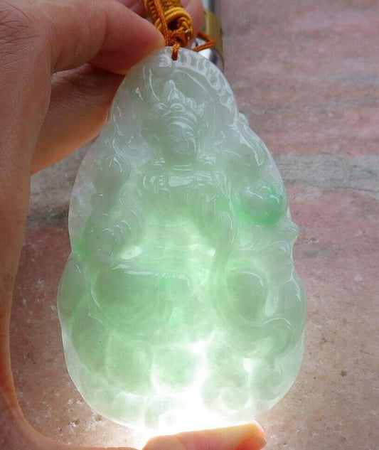 Certified Green 100% Natural A Jade jadeite pendant Guanyin Kwan Yin Lotus Flower Necklace 观音 519948  TN