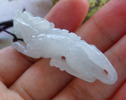 Certified Icy White Burma 100% Natural A Jade jadeite Pendant Dragon Necklace 生意兴隆 574184 TN