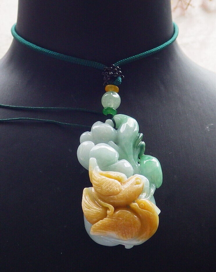 Certified Yellow Green Burma 100% Natural A Jade jadeite Pendant Phoenix Bird Ruyi Gourd Necklace 634419  TN