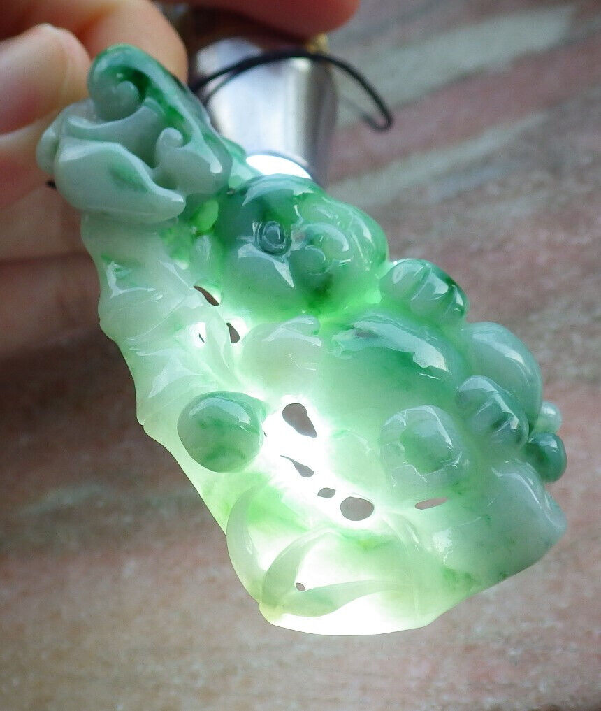 Certified Green Burma 100% Natural A Jade jadeite Pendant Panda Bamboo Ruyi Necklace 熊猫 633295  TN