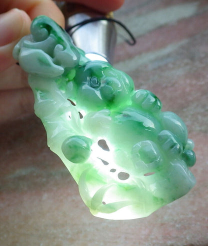 Certified Green Burma 100% Natural A Jade jadeite Pendant Panda Bamboo Ruyi Necklace 熊猫 633295  TN