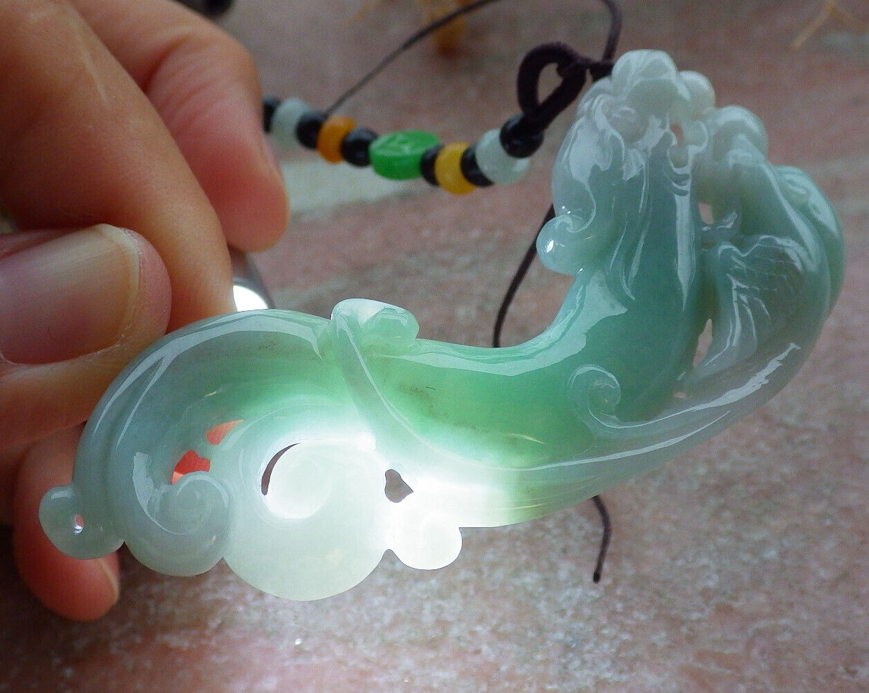 Certified Green Burma 100% Natural A Jade jadeite Pendant Dragon Phoenix Coin Necklace 龙凤 637014  TN