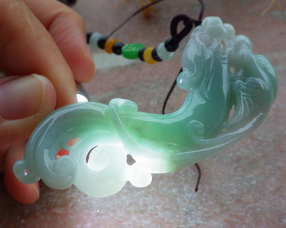 Certified Green Burma 100% Natural A Jade jadeite Pendant Dragon Phoenix Coin Necklace 龙凤 637014  TN