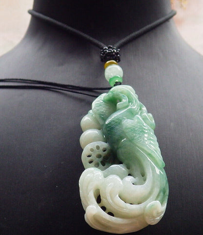 Certified Green Burma 100% Natural A Jade jadeite Pendant Phoenix Ruyi Coin Necklace 凤凰 635433  AS