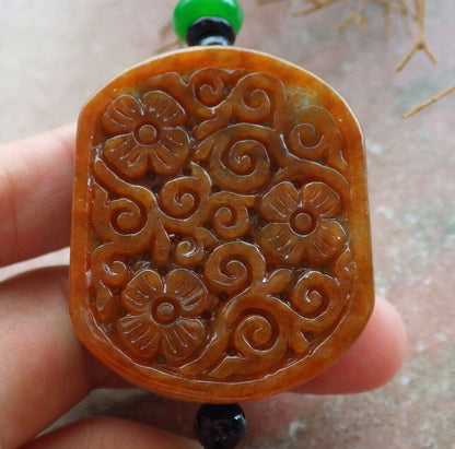 Certified Brown Red Green 100% Natural A Jade jadeite Pendant Flower Ruyi Rectangle Necklace 花平安牌 523664  TN
