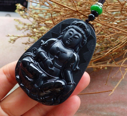 Certified Green Black 100% Natural A Jade jadeite pendant Guanyin Kwan Yin Lotus Flower Necklace 墨翠 观音 525096  TN