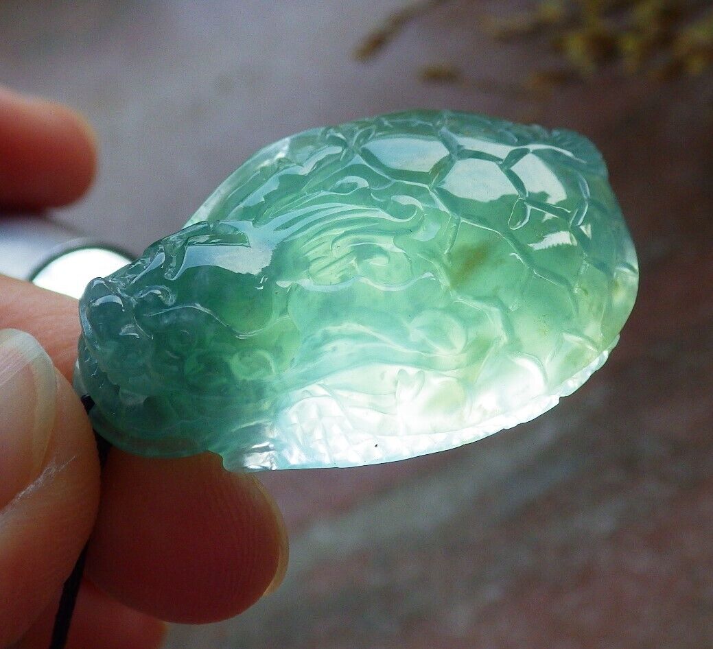 Certified Icy Green Burma 100% Natural A Jade jadeite Pendant Dragon Turtle Money Coin Necklace 龙龟 574784 TN