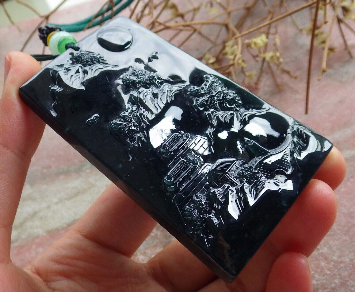 Atestita Glacia Blua Akvo Birmo 100% Natura A Jadejadeito Pendanta Pejzaĝa Pentrado Arba Koliero 山水画 634473 TN