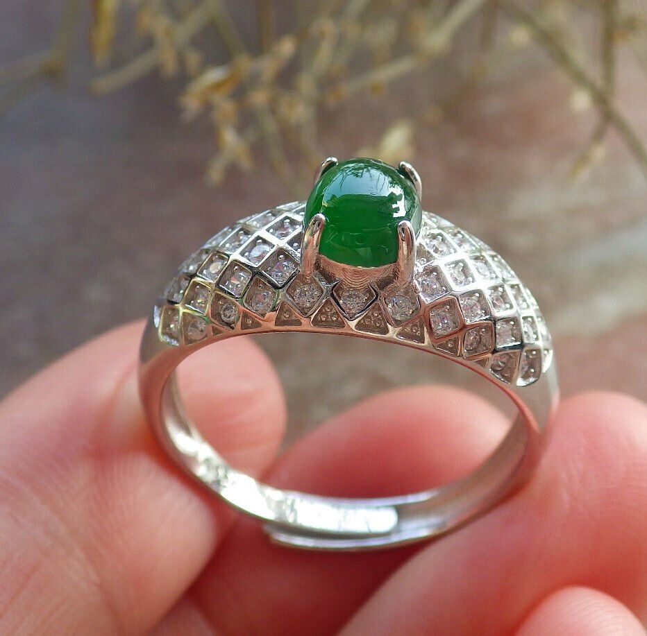 Certified Icy Green silver 0.925 Burma 100% Natural A JADE Jadeite Cabochon RING USA 10 戒指 645801 TN