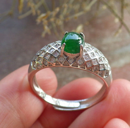Certified Icy Green silver 0.925 Burma 100% Natural A JADE Jadeite Cabochon RING USA 10 戒指 645801 TN