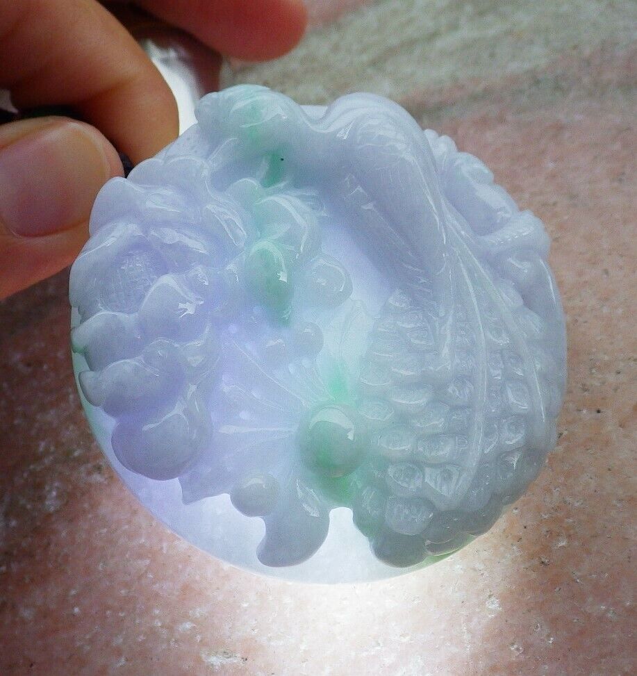 Certified Green Pale Lavender 100% Natural A Jade jadeite Pendant Phoenix Peacock Flower Circle Necklace 孔雀 520800 **TN