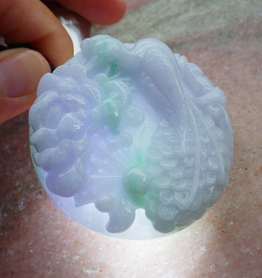Certified Green Pale Lavender 100% Natural A Jade jadeite Pendant Phoenix Peacock Flower Circle Necklace 孔雀 520800 **TN