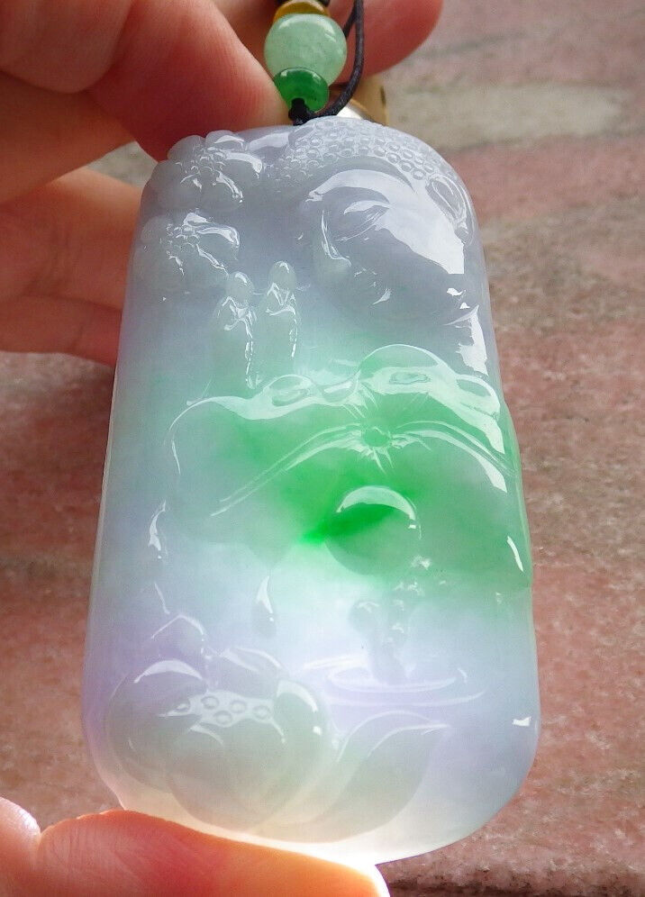 Certified Green Pale Lavender Burma 100% Natural A Jade jadeite pendant Sakyamuni Buddha God Lotus Flower Leaf Necklace 释迦牟尼 633589  TN